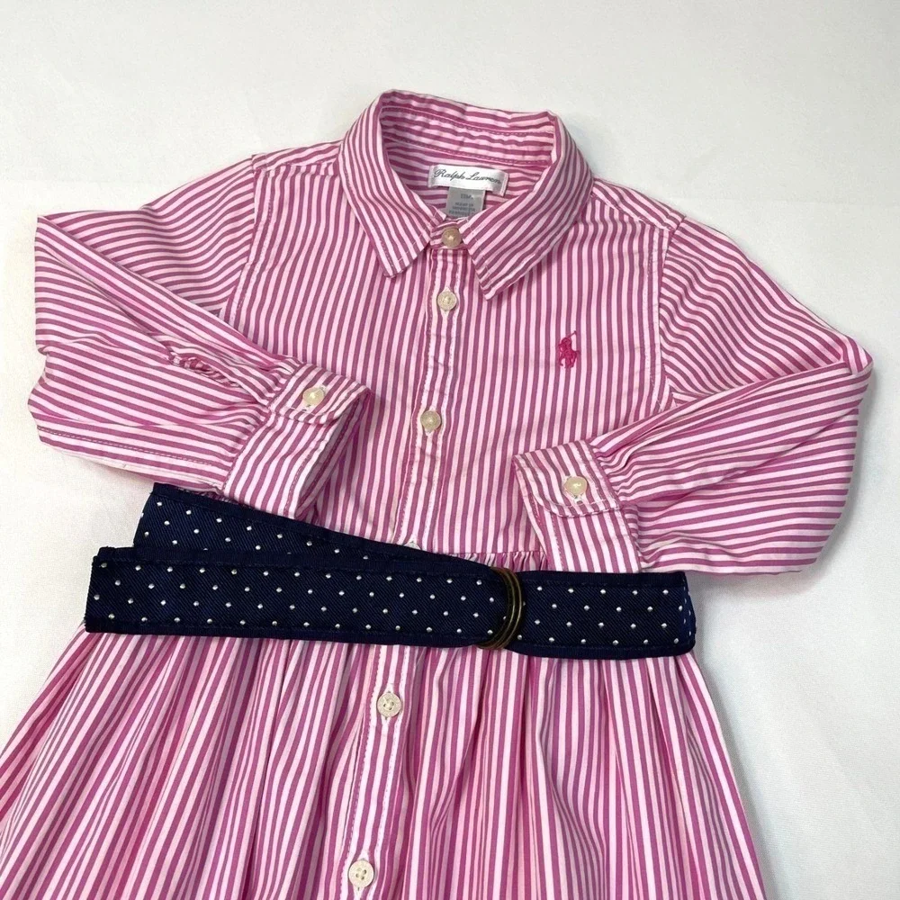 Ralph‎ Lauren Pink White Stripe Button Front Dress Navy Polka Dot Belt Size 12M
